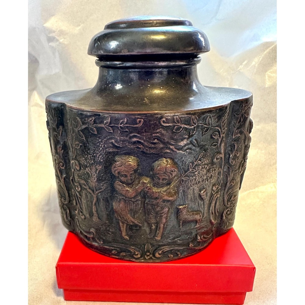 Antique‎ English Tea Caddy Silver over Copper Cherubs Children